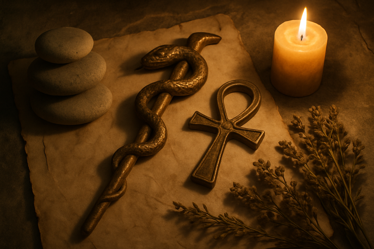 Ancient healing symbols including a serpent staff and ankh amulet arranged on stone