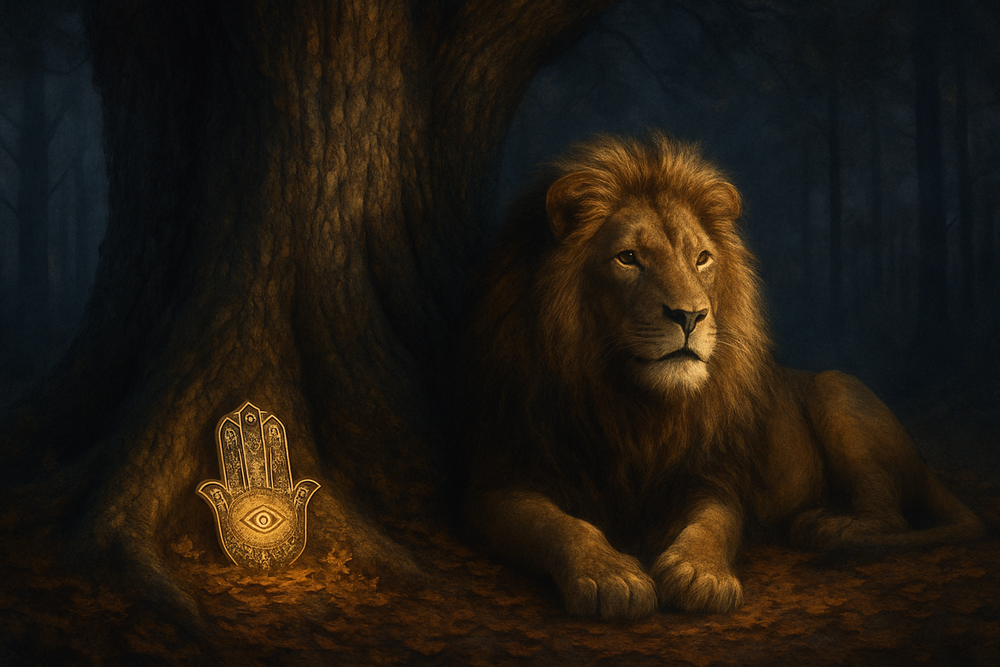 Oak tree, lion, and hamsa amulet symbolizing family strength and protection