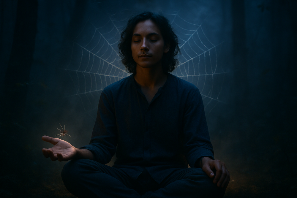Person meditating with a spider as a spirit animal totem