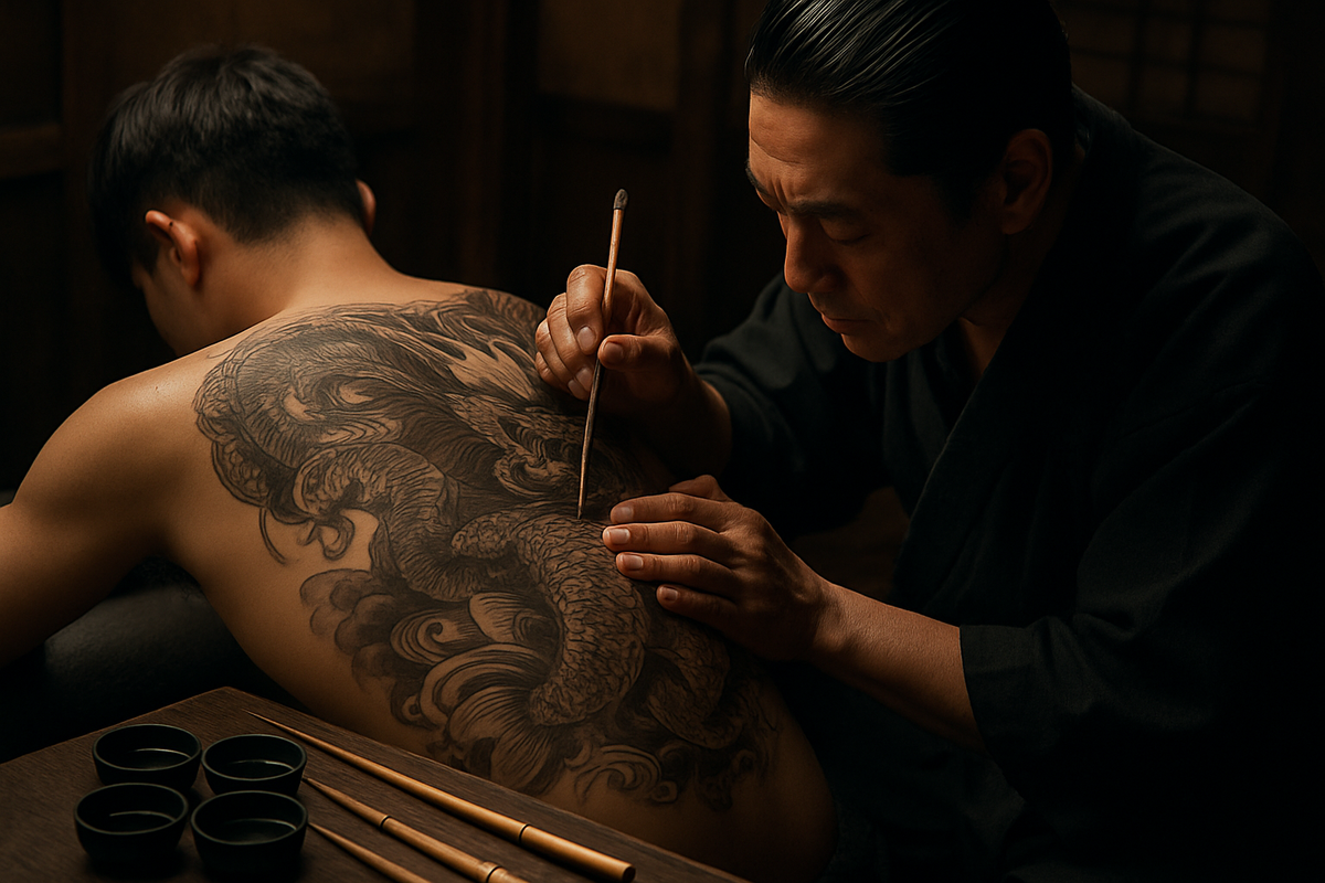 Traditional Japanese tebori tattoo artist hand-poking an irezumi dragon design