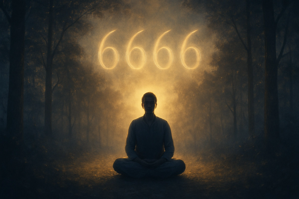 Person meditating in nature connecting with angel number 6666 energy