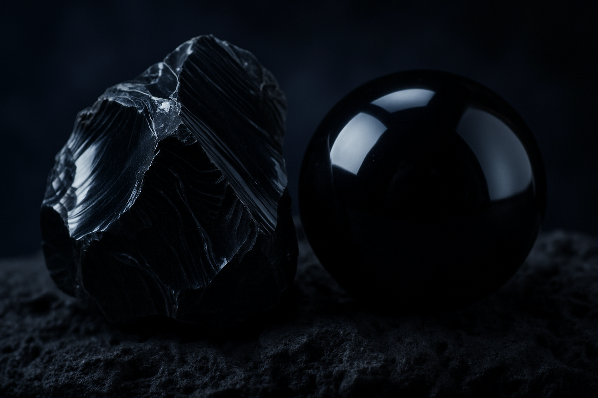 Raw and polished black obsidian volcanic glass stones