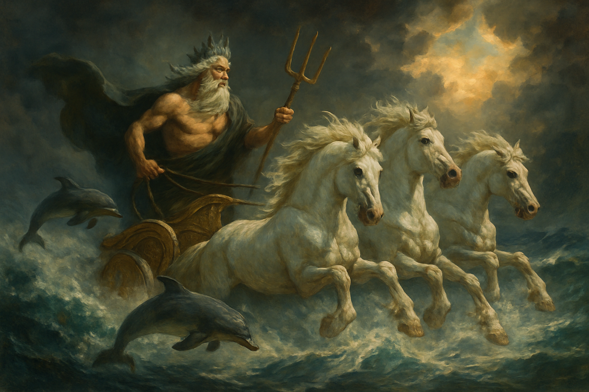 Poseidon riding a chariot pulled by sea horses across ocean waves