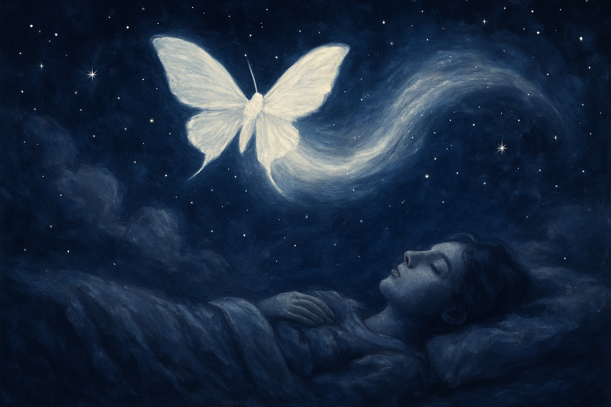 A glowing white moth flying through a starry night sky above a sleeping person
