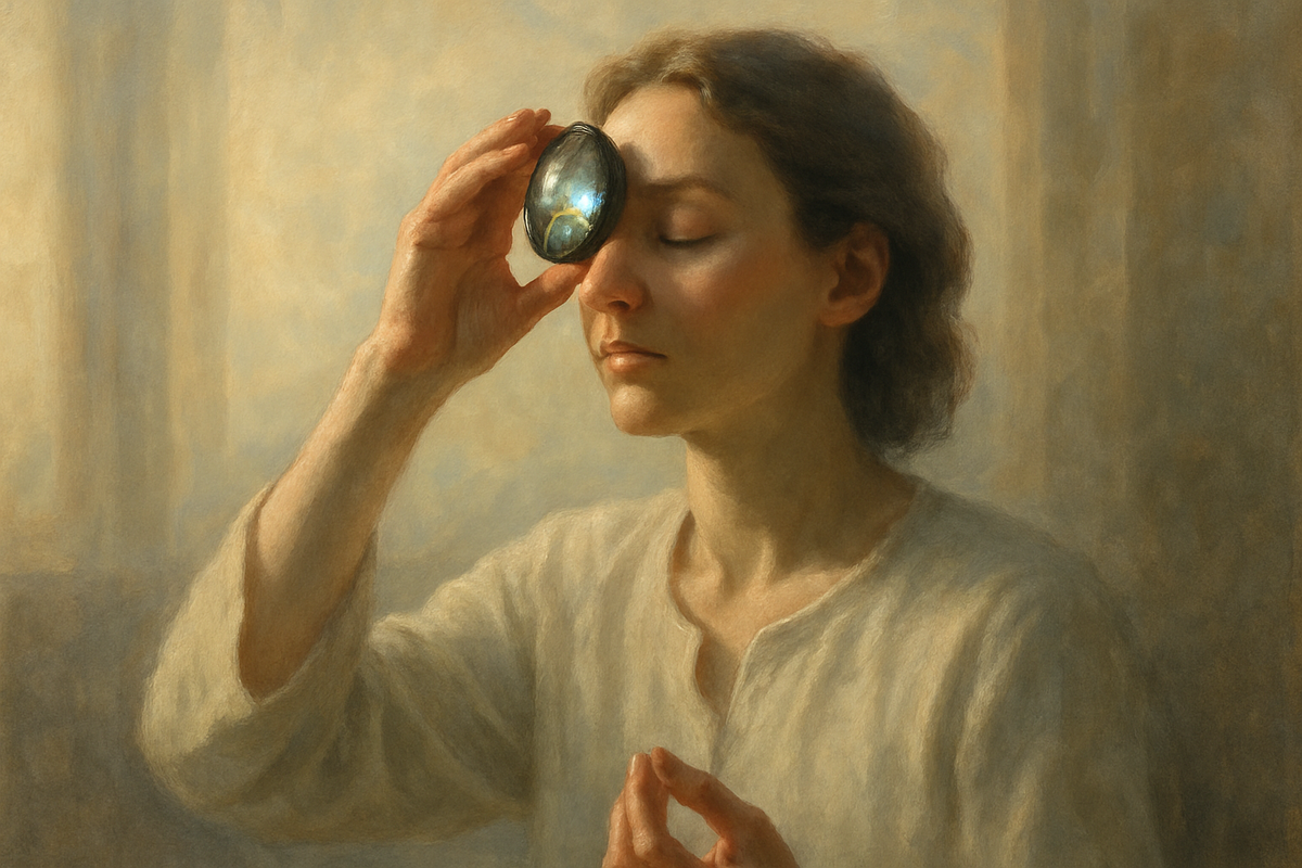 Person meditating with labradorite crystal near the third eye