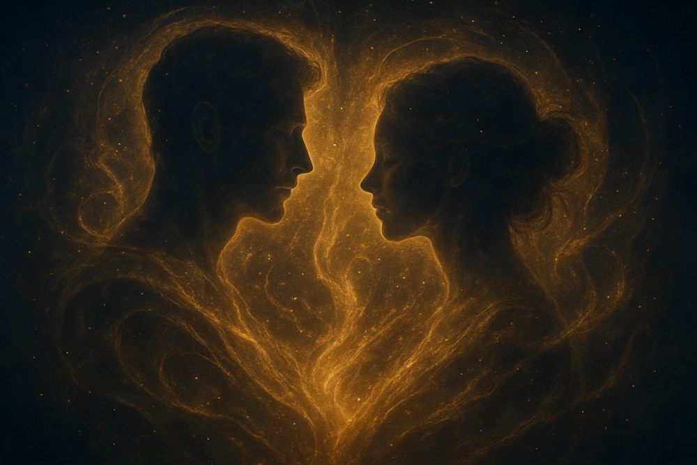 Twin flame connection symbolized by two glowing silhouettes
