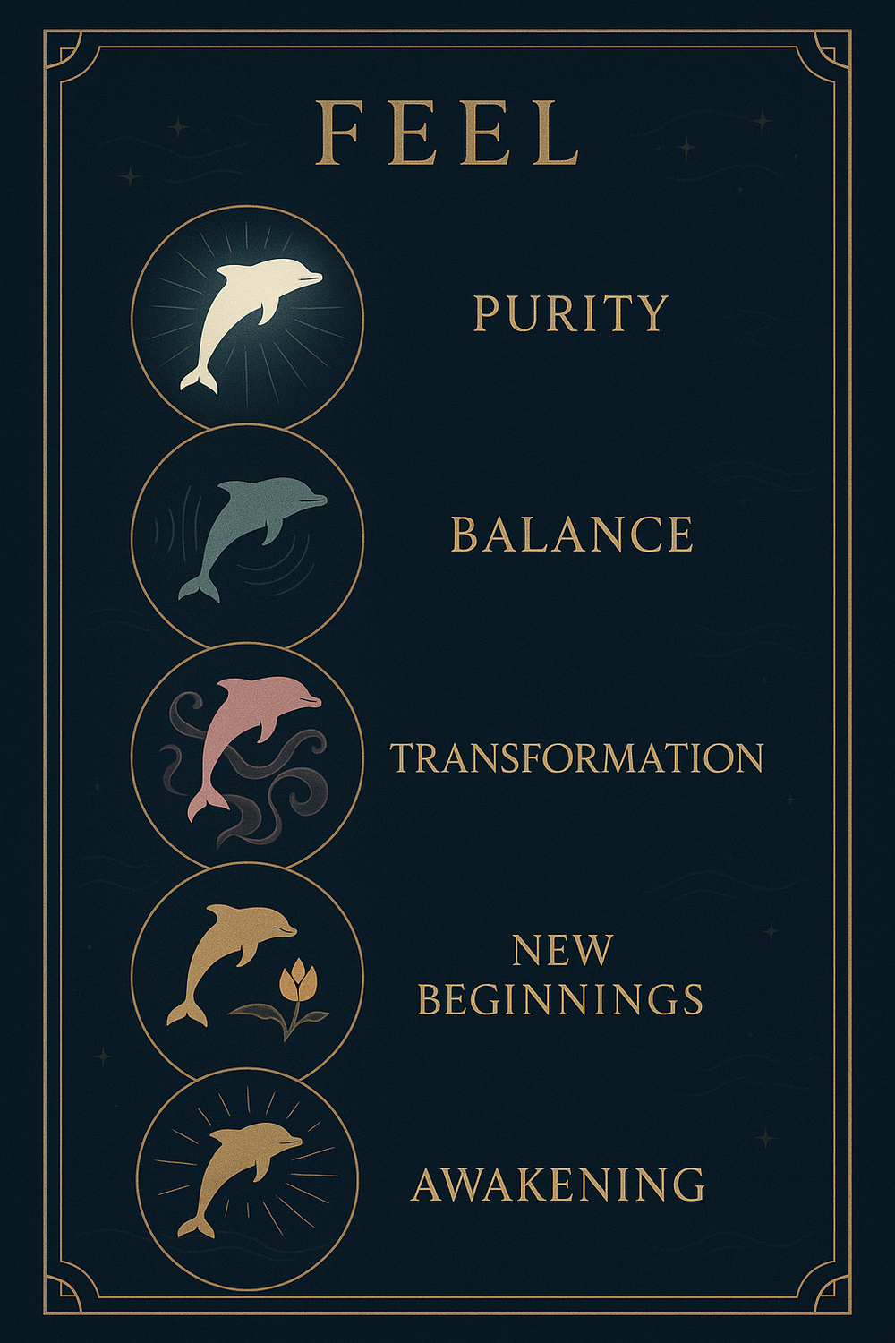 Infographic showing the spiritual meanings of different dolphin colors and symbols