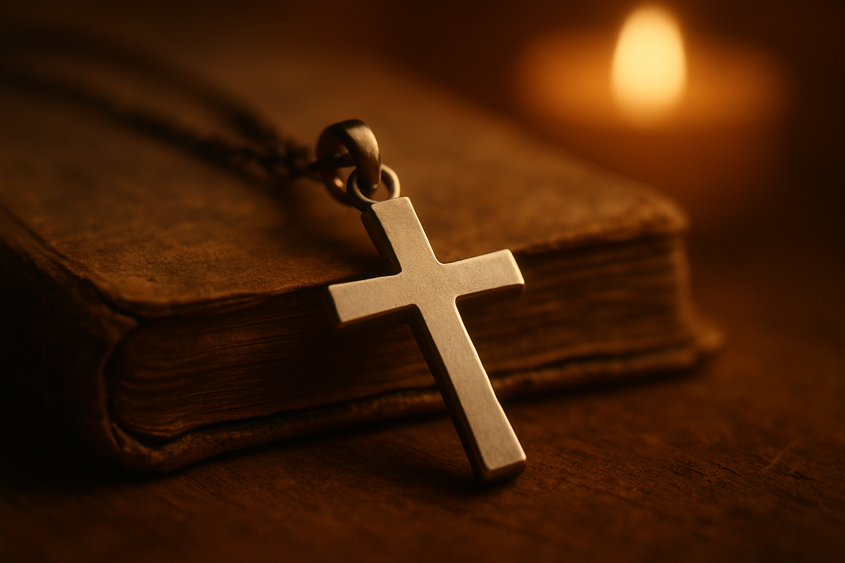 Silver Latin cross pendant resting on an open Bible page in candlelight