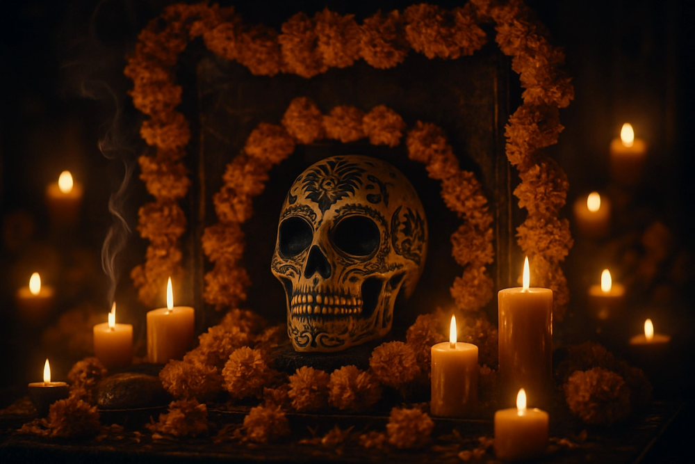 Marigolds decorating a Day of the Dead altar