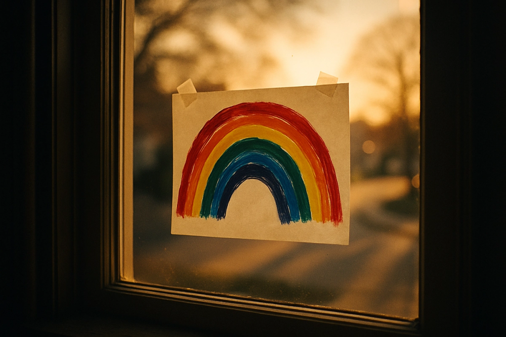 A child's rainbow drawing taped to a window as a symbol of hope
