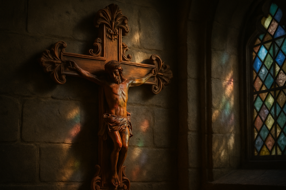 Wooden crucifix hanging on a stone church wall lit by stained glass light