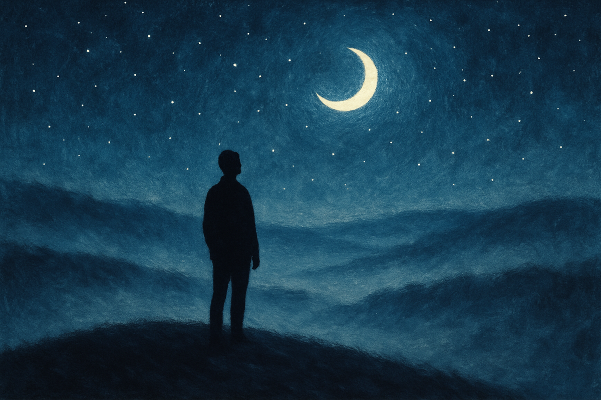Silhouette of a person gazing at a crescent moon over a misty hill
