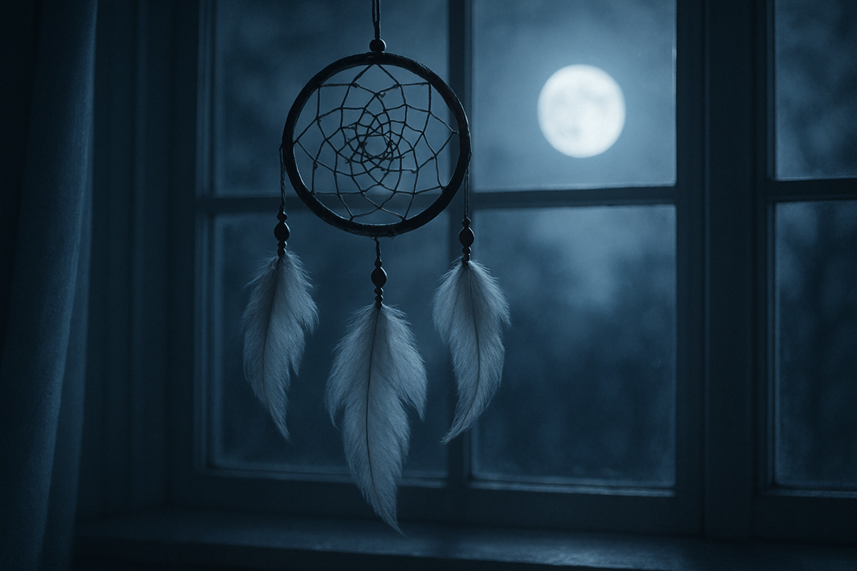 A dreamcatcher hanging in moonlight symbolizing peaceful sleep and protection