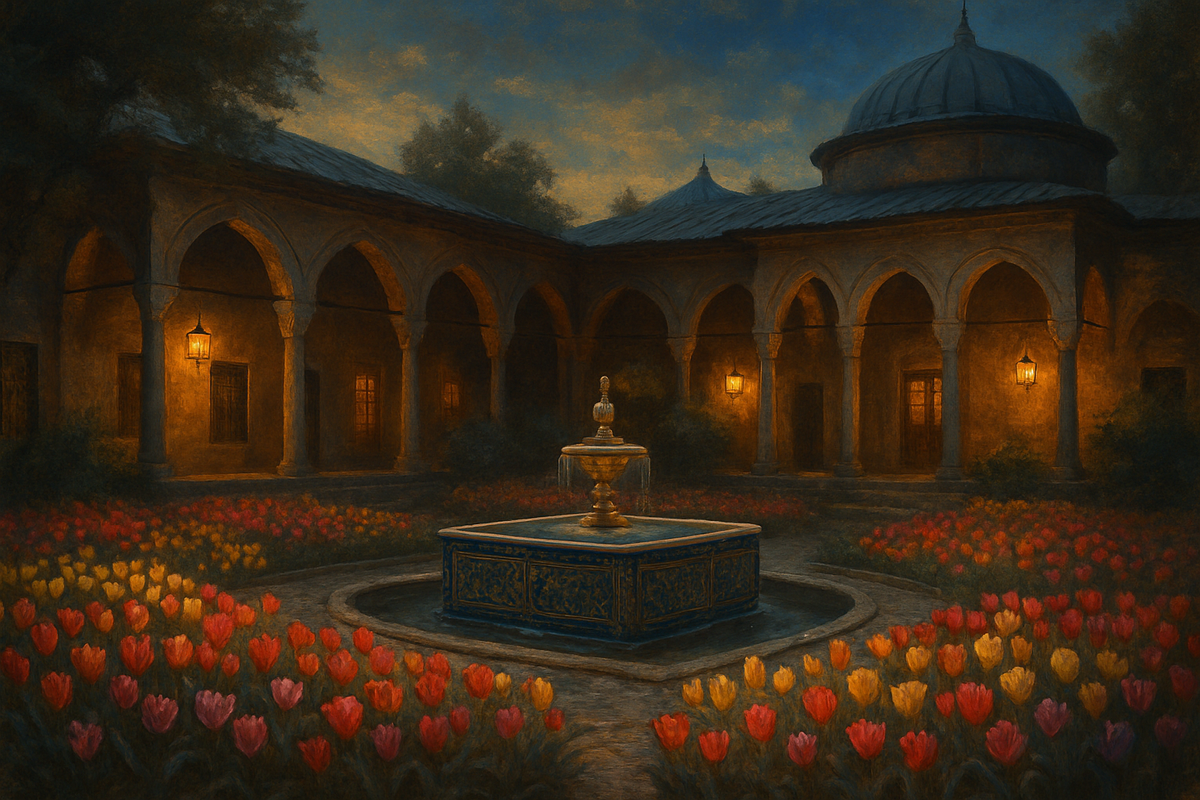 Ottoman-inspired garden courtyard filled with tulips and lantern light