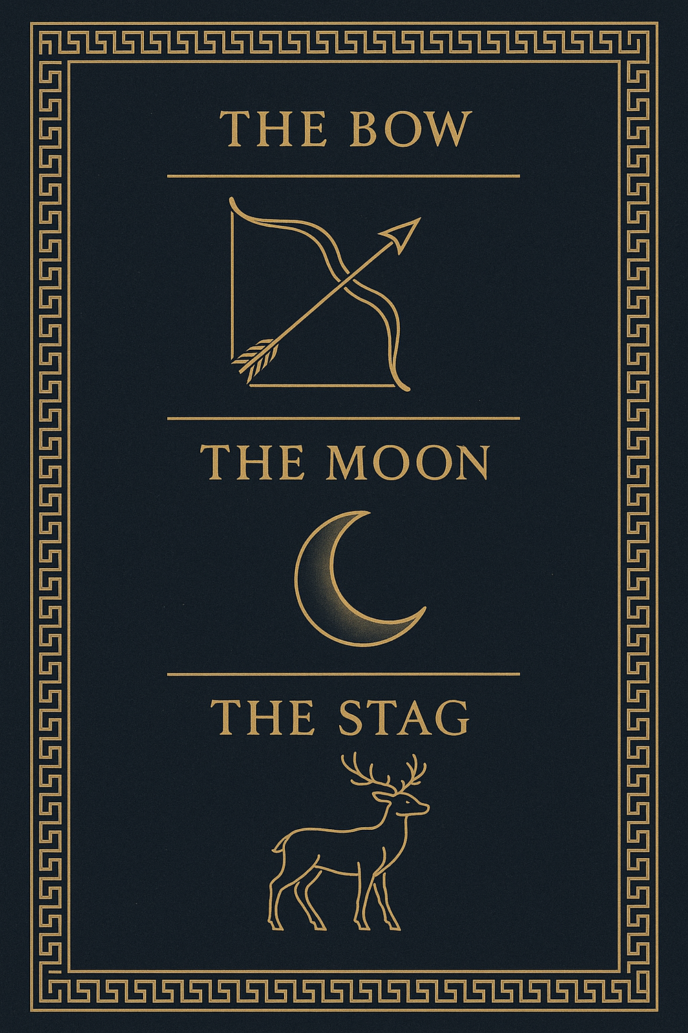 Infographic of Artemis's three sacred symbols: the bow, the moon, and the stag