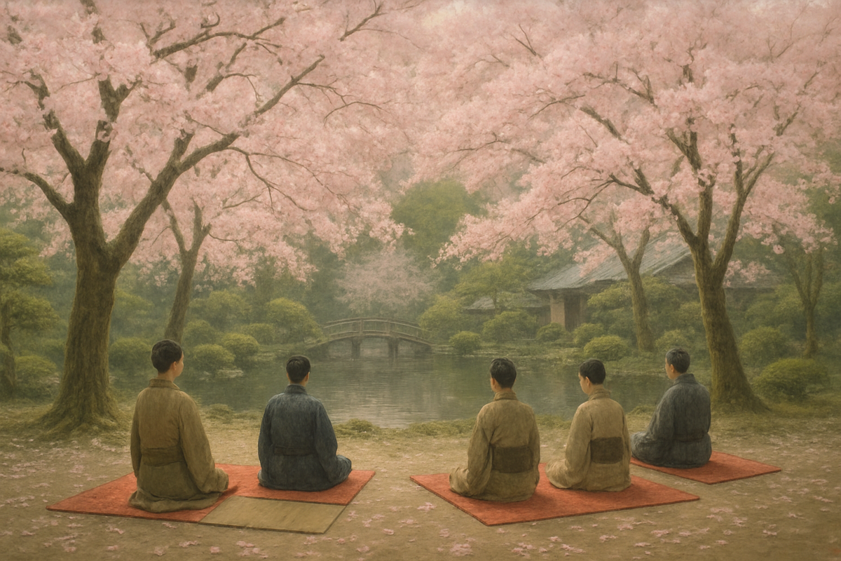 People enjoying hanami flower viewing beneath blooming cherry trees in a Japanese garden
