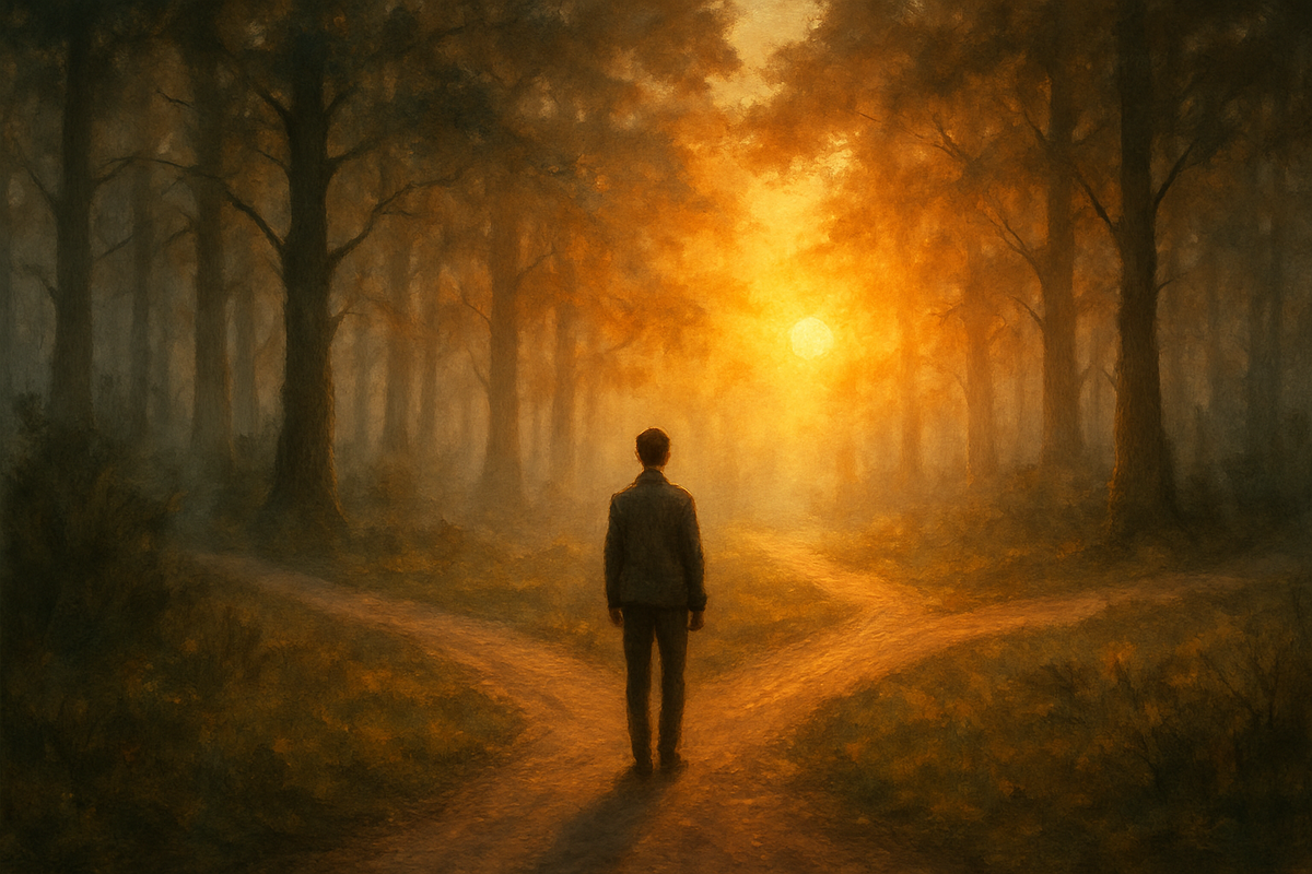 Person an einer Weggabelung im nebligen Wald bei Sonnenaufgang als Symbol für berufliche Entscheidungen