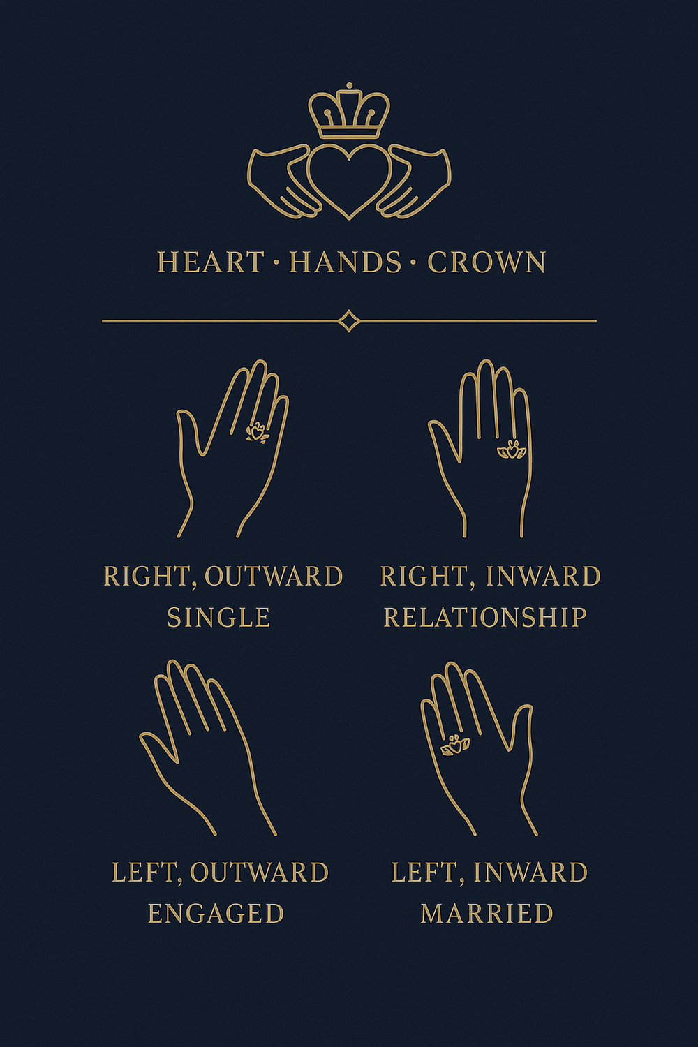 Infographic showing how to wear a Claddagh ring and its meanings