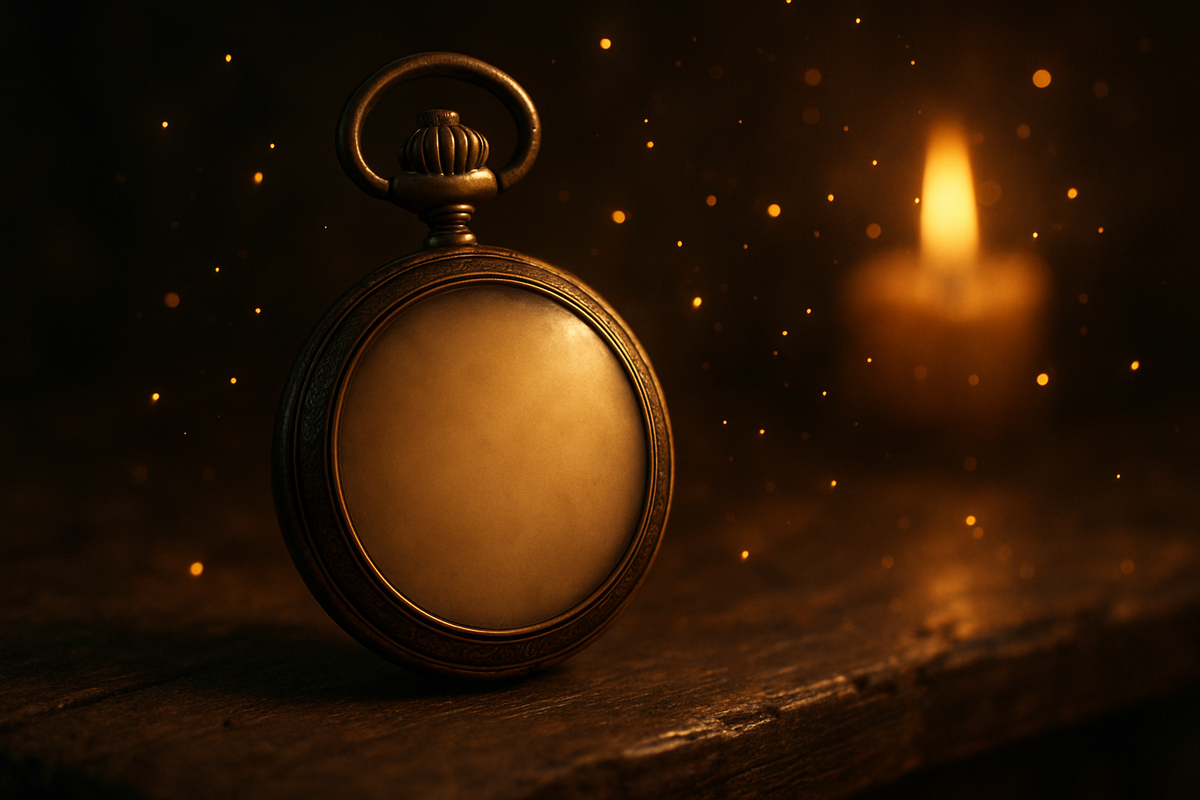 Antique pocket watch glowing softly on a wooden table symbolizing time and destiny