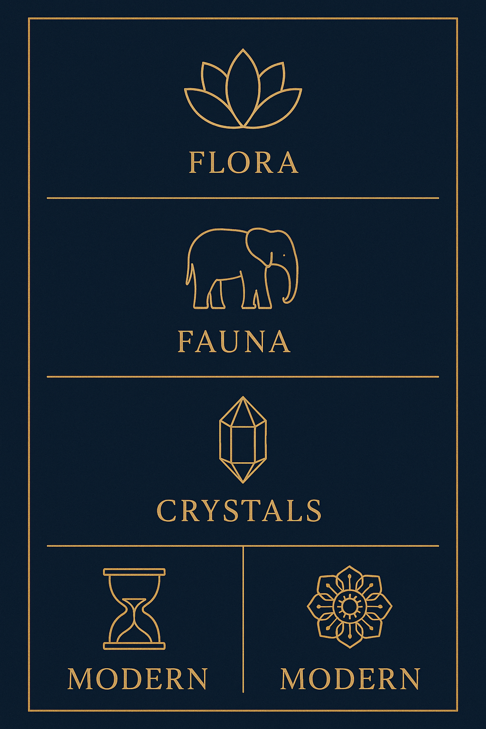 Infographic showing five categories of patience symbols: flora, fauna, crystals, culture, and modern
