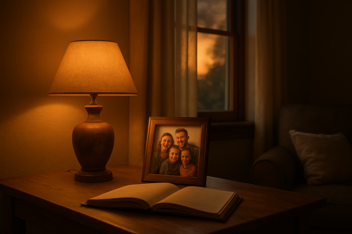 A warmly lit home interior symbolizing balance between family life and personal growth