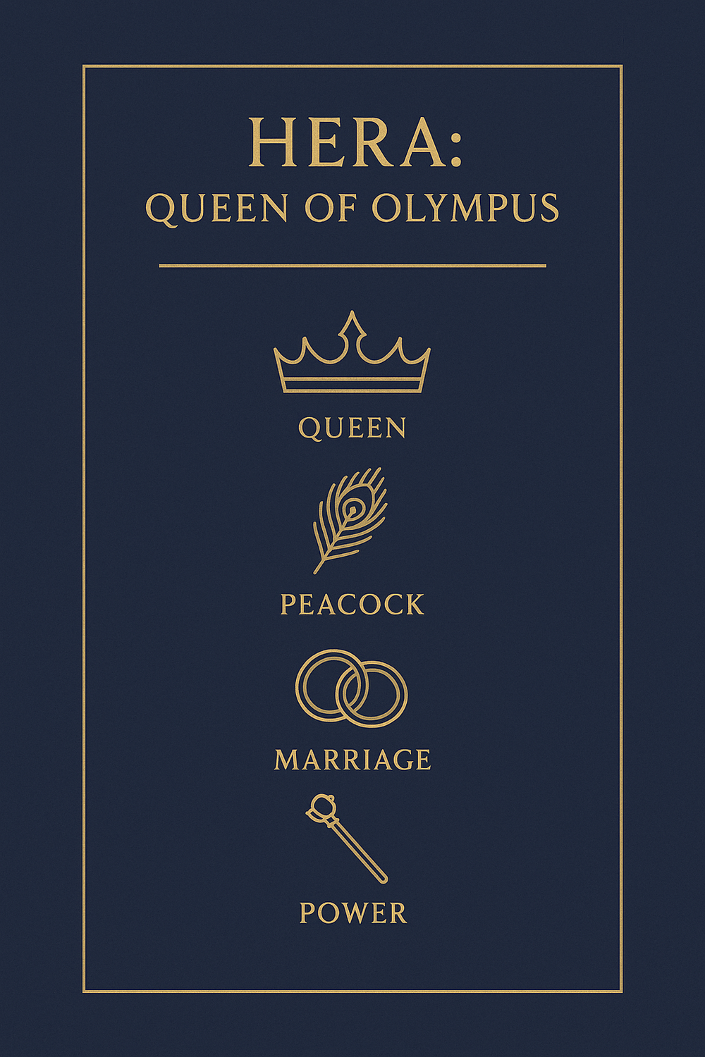 Infographic of Hera's sacred symbols: peacock, diadem, cow, and pomegranate
