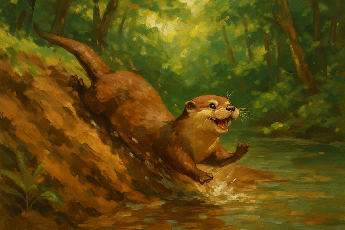 Otter playfully sliding down a riverbank into water, symbolizing joy and playfulness