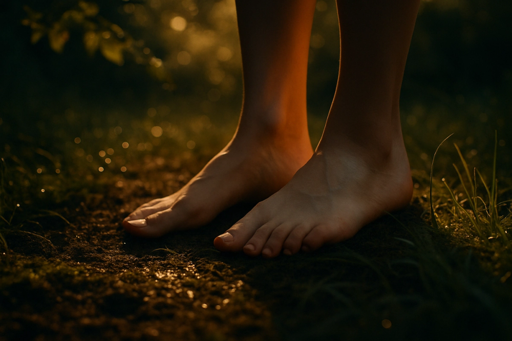 Bare feet grounding on natural earth and grass at sunrise