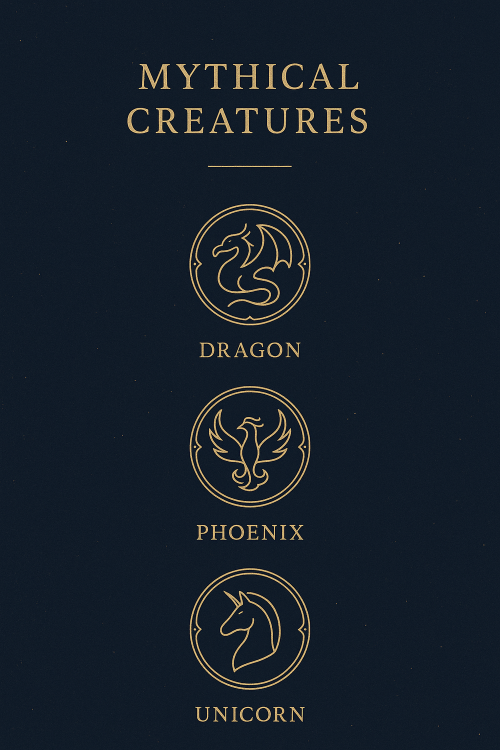 Infographic of the ten most famous mythical creatures illustrated as gold line icons