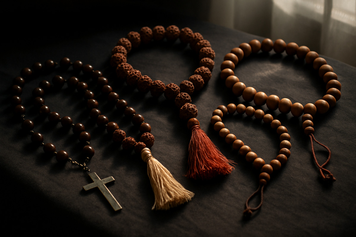 Prayer beads from different world religions arranged together on a dark cloth