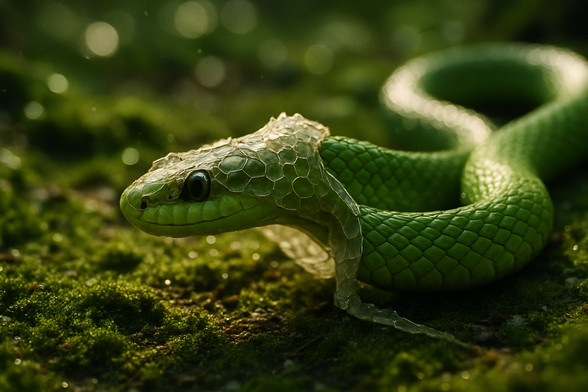 A green snake shedding its skin symbolizing transformation and renewal