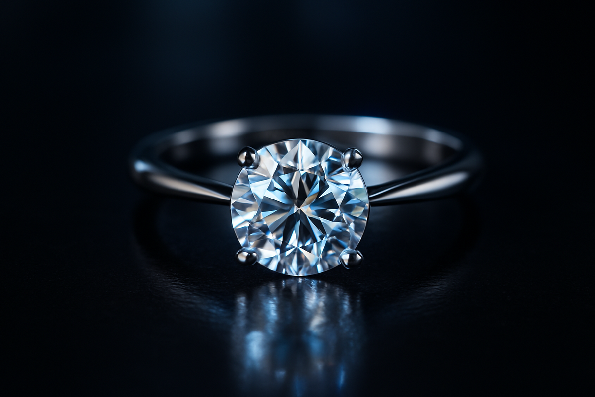 Polished diamond ring reflecting light on a dark surface