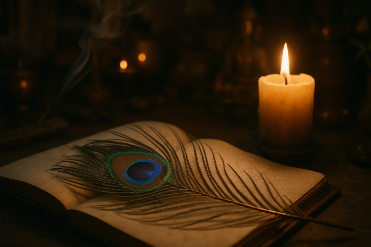 A peacock feather resting on a journal beside a candle on a spiritual altar