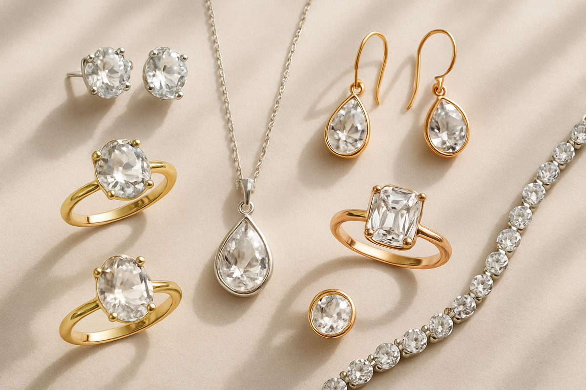 Cubic zirconia jewelry pieces set in different metal tones including silver and rose gold