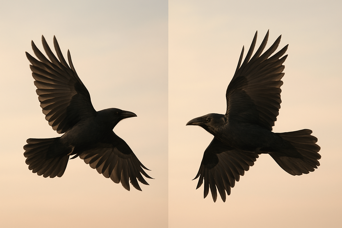 Crow and raven compared in flight showing different tail shapes