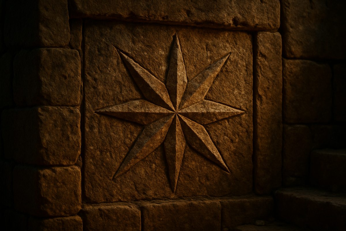 Ancient carved eight-pointed star symbol on a weathered temple wall