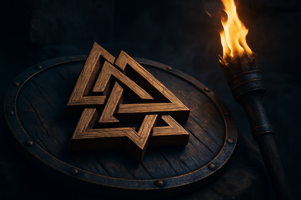 Carved Valknut symbol on a Viking shield representing warrior brotherhood