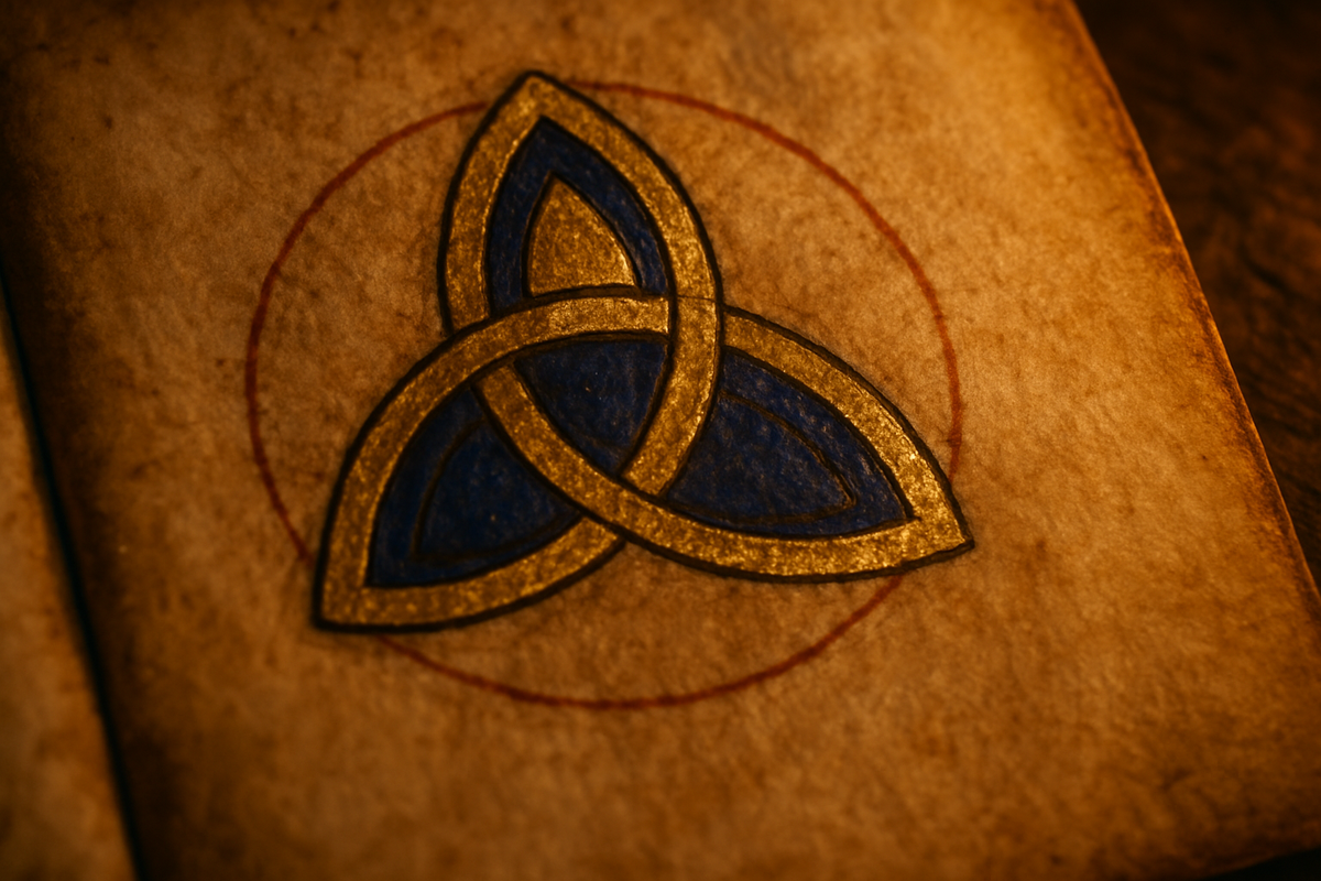 Illuminated manuscript page showing an ornate triquetra Celtic trinity knot in gold and blue ink