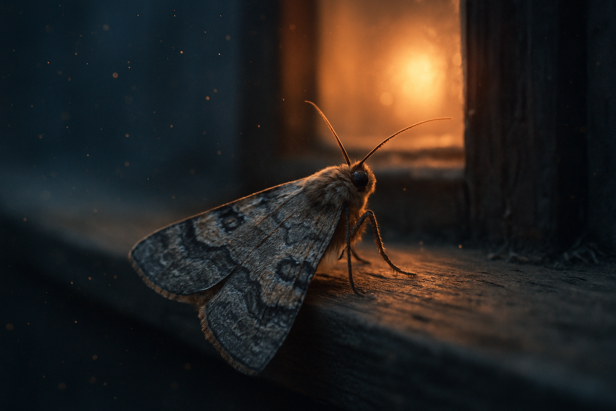 A moth resting on a windowsill at twilight with glowing light behind it