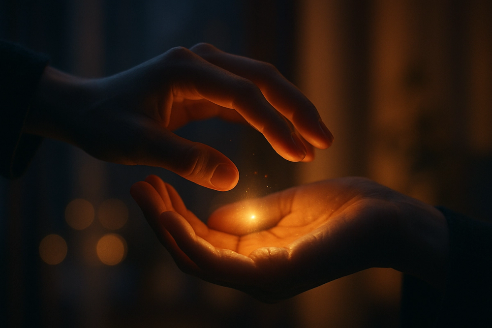 Two hands cradling a soft golden light together, symbolizing balance and trust in love and relationships