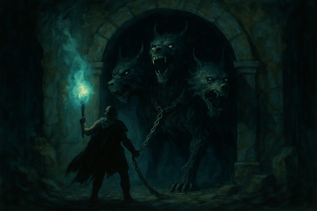 Heracles confronting Cerberus at the gates of the underworld
