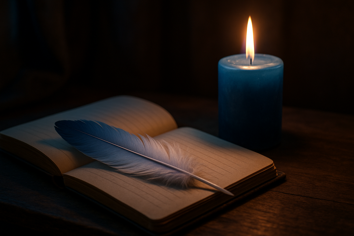 A blue feather and lit candle representing spiritual protection practices