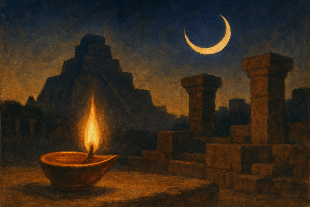 Ancient temple and lamp imagery representing global new moon traditions across cultures