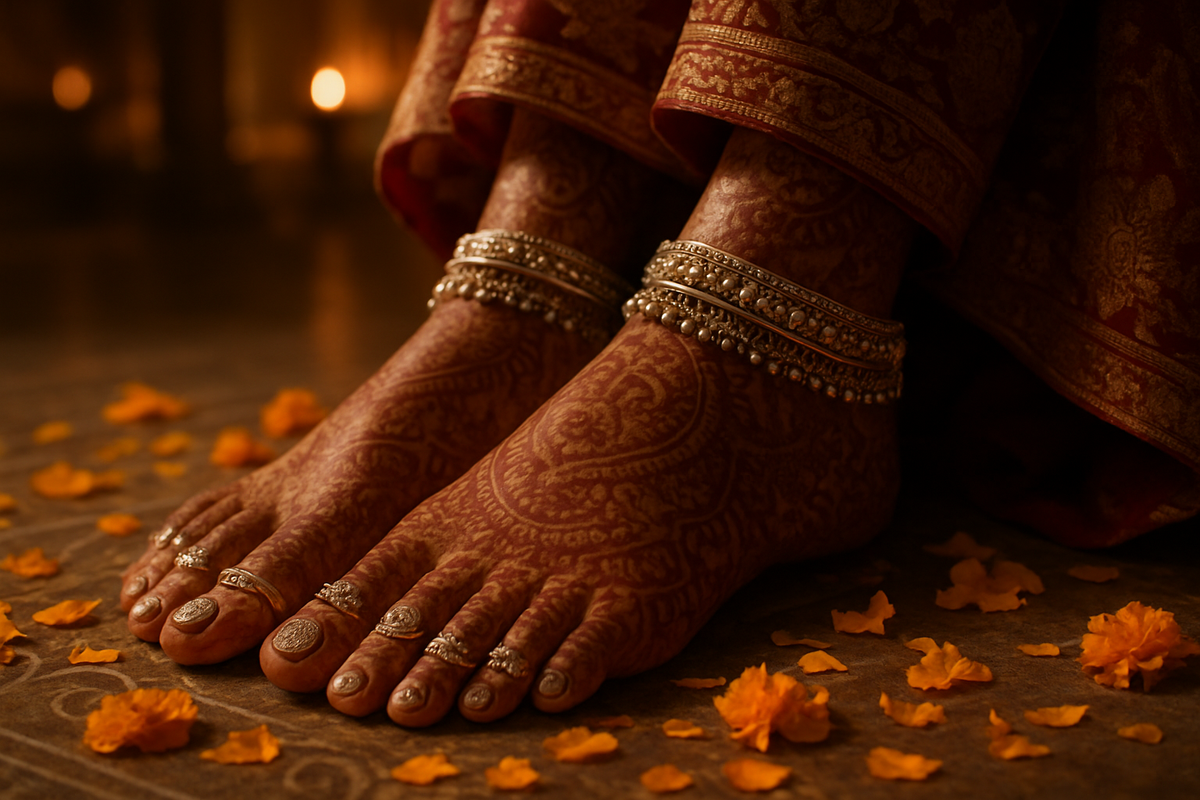 Indian bride's hennaed feet wearing traditional silver toe rings