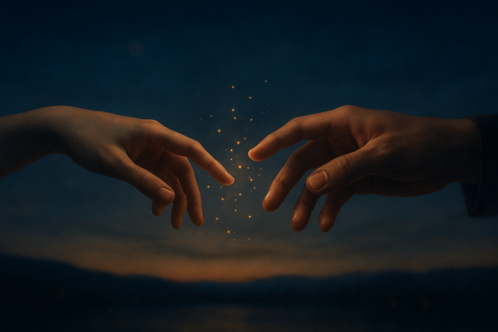 Hands reaching toward each other symbolizing love and transformation under angel number 955
