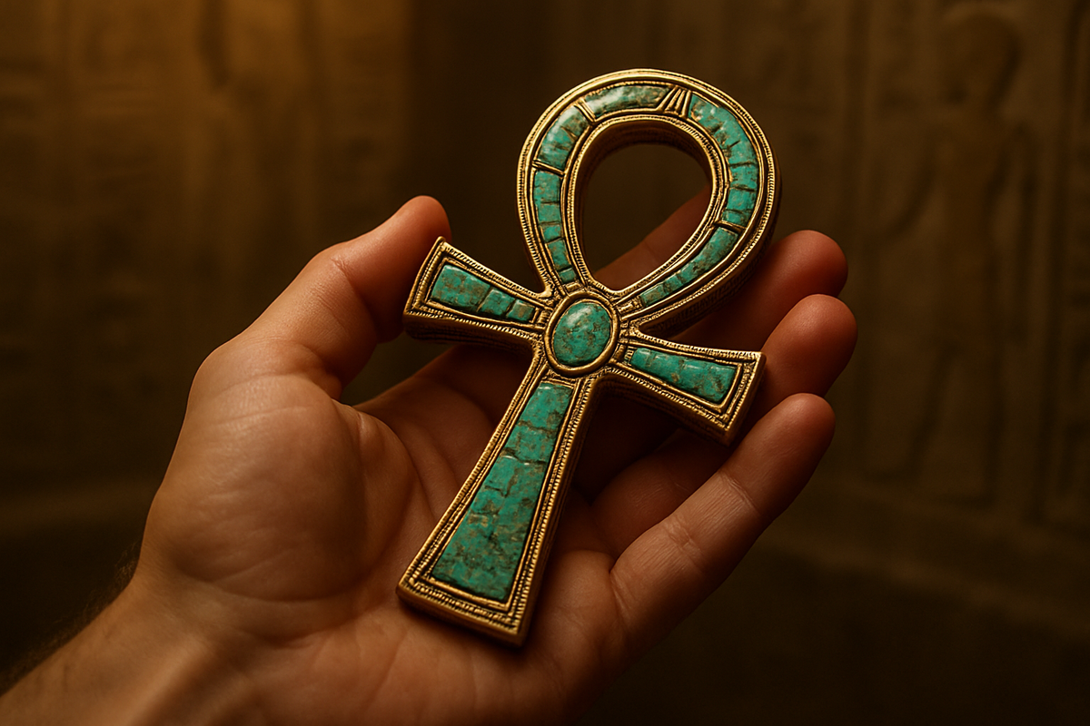 Golden Egyptian Ankh amulet with turquoise inlay symbolizing eternal life