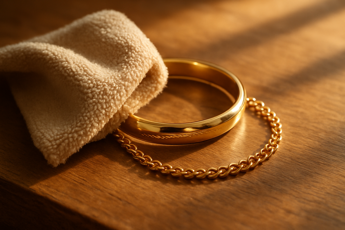 Buffing gold bangle and chain with a soft microfiber cloth