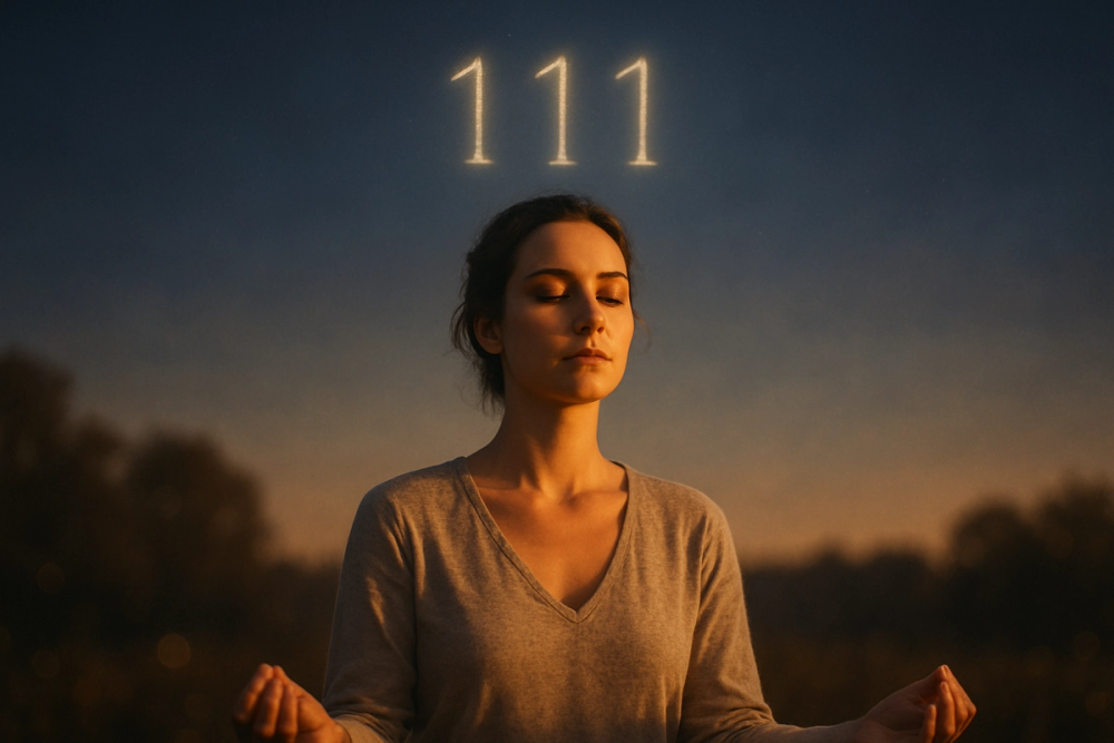 Person meditating at sunrise experiencing spiritual awakening symbolized by angel number 111