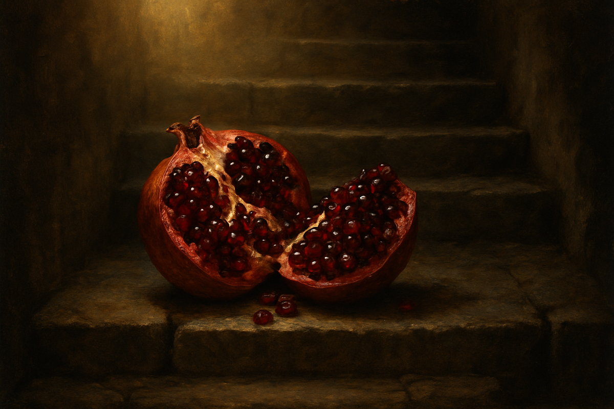 A split pomegranate with glistening seeds on stone steps leading into darkness