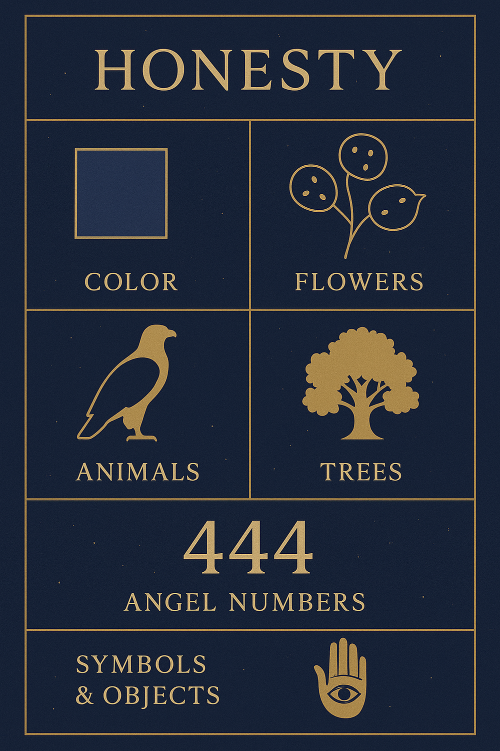Infographic showing six categories of honesty symbols: color, flowers, animals, trees, angel numbers, and objects